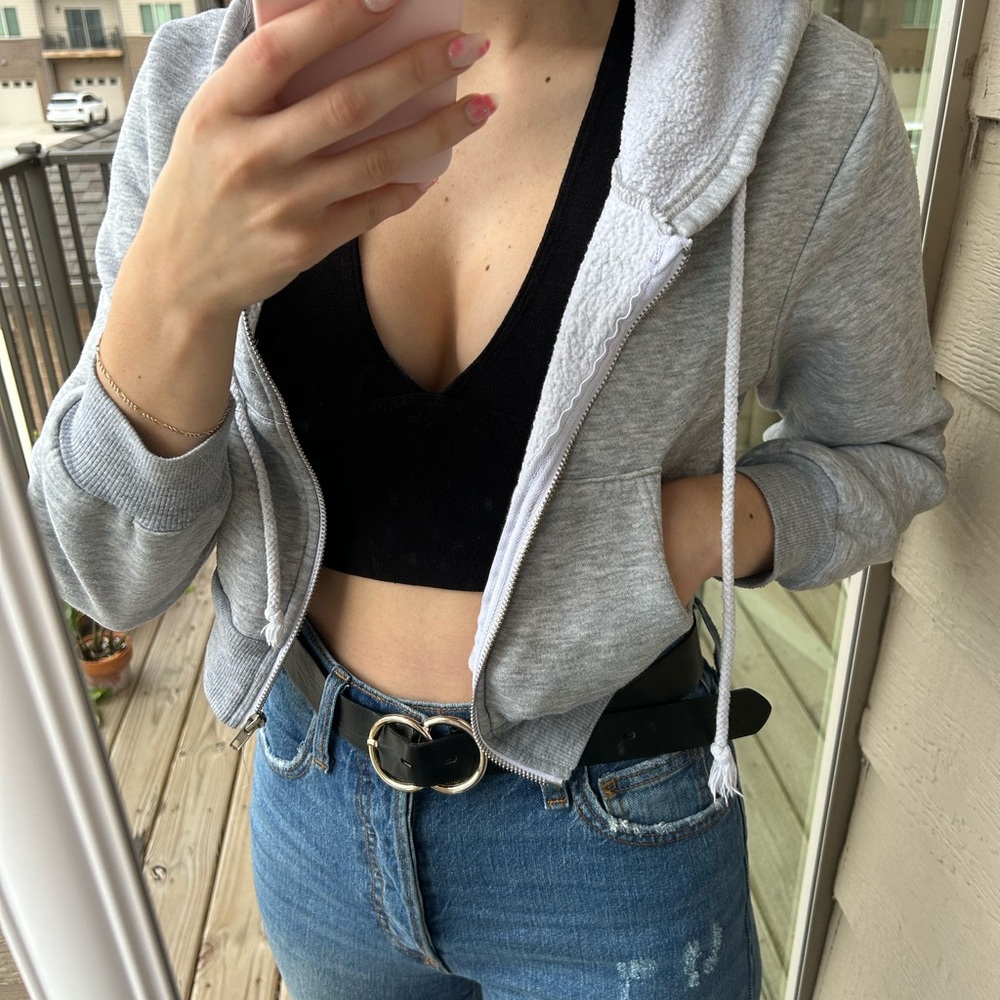 Gray Cropped Zip-Up Hoodie